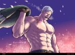  1boy abs alternate_facial_hair bara beard cigar coat coat_removed facial_hair kokorozashi large_pectorals long_sideburns looking_at_viewer male_focus mature_male muscular muscular_male navel nipples one_piece pectorals petals scar scar_on_chest shirtless short_hair sideburns smoker_(one_piece) smoking solo stomach stubble upper_body veins white_hair wind 
