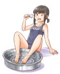  1girl barefoot basin black_eyes black_hair blue_swimsuit breasts collarbone commentary_request food fubuki_(kancolle) full_body kantai_collection karasu_(naoshow357) long_hair looking_at_viewer low_ponytail name_tag one_eye_closed ponytail popsicle school_swimsuit short_ponytail sidelocks simple_background small_breasts soaking_feet solo swimsuit water white_background 