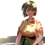  1girl breasts brown_eyes brown_hair commentary_request dappled_sunlight day green_hakama hakama hakama_short_skirt hakama_skirt highres hiryuu_(kancolle) japanese_clothes kantai_collection kimono large_breasts looking_at_viewer one_side_up orange_kimono short_hair skirt solo sunlight tanaka_io_(craftstudio) upper_body 