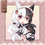  1girl alice_mana alice_mana_channel animal_ear_fluff animal_ears apron black_hair chibi eyebrows_visible_through_hair fox_ears hair_ribbon kitsune long_hair looking_at_viewer maid maid_apron maid_headdress multicolored_hair open_mouth red_eyes ribbon shiro_kuma_shake smile solo two-tone_hair virtual_youtuber white_hair 