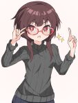  1girl bangs black_sweater bright_pupils brown_hair commentary_request eyebrows_visible_through_hair fang glasses highres index_finger_raised kono_subarashii_sekai_ni_shukufuku_wo! light_blush long_sleeves megumin open_mouth pink_background red_eyes ribbed_sweater short_hair_with_long_locks skin_fang solo sparkle sweater turtleneck turtleneck_sweater upper_body wa_ki_ya_ku white_pupils 