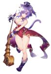  1girl angela_(seiken_densetsu_3) angela_(seiken_densetsu_3)_(cosplay) animal_ears boots breasts cat_ears cat_tail cleavage cosplay covered_navel gloves hat highres hololive large_breasts leotard mini_hat nekomata_okayu purple_eyes purple_gloves purple_hair red_leotard seiken_densetsu seiken_densetsu_3 staff tail tomoyohi virtual_youtuber white_background 