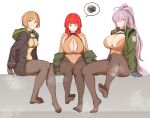  10million 3girls blue_eyes breast_strap breasts brown_eyes brown_hair brown_legwear brownie_(last_origin) cleavage feet fingerless_gloves foot_focus full_body gloves gnome_(last_origin) grin hair_over_one_eye highleg highleg_leotard highres hime_cut jacket last_origin leotard leprechaun_(last_origin) long_hair multiple_girls pantyhose ponytail red_eyes red_hair short_hair silver_hair sitting smell smelly_feet smile spoken_squiggle squiggle 