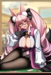  1girl animal_ear_fluff animal_ears bangs black_gloves black_legwear black_leotard black_neckwear black_ribbon blush bow bowtie breasts cleavage collared_shirt dydydyok eyebrows_visible_through_hair fate/grand_order fate_(series) fox_ears fox_girl glasses gloves hair_ornament hair_ribbon highres koyanskaya_(fate) large_breasts leotard long_hair long_sleeves looking_at_viewer open_mouth pantyhose parted_lips pink_hair pink_vest poker_chip poker_table ribbon shirt sitting smile solo tamamo_(fate) twintails very_long_hair vest white_shirt yellow_eyes 