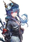 1girl arknights bangs baseball_cap black_jacket blue_hair ch&#039;en_(arknights) ch&#039;en_the_holungday_(arknights) closed_mouth cowboy_shot dragon_girl dragon_horns dragon_tail eyewear_on_headwear hat highres horns jacket long_hair long_sleeves looking_at_viewer mido_(mido_chen) official_alternate_costume red_eyes solo sunglasses tail very_long_hair white_headwear 