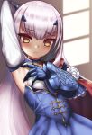  1girl arm_behind_head arm_up armpits bangs black_gloves blue_dress blush breasts dress fairy_knight_lancelot_(fate) fate/grand_order fate_(series) gloves long_hair long_sleeves looking_at_viewer norman_(shiohama_workshop) sidelocks small_breasts solo spread_armpit thighs white_hair yellow_eyes 