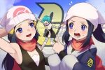  3girls akari_(pokemon) arm_behind_head bangs beanie black_hair black_undershirt blunt_bangs blush commentary_request dawn_(pokemon) day eyelashes flying_sweatdrops green_hair hair_ornament hairclip hat head_scarf holding holding_poke_ball jacket katwo long_hair multiple_girls open_mouth outdoors pointing poke_ball poke_ball_(basic) pokemon pokemon_(game) pokemon_dppt pokemon_legends:_arceus ponytail scarf shirt short_hair sidelocks sleeveless sleeveless_shirt smile sweat sweatdrop team_galactic_grunt time_paradox tongue white_headwear 