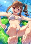  1girl :d aqua_ribbon bangs bare_arms bare_shoulders barefoot bikini blue_eyes blush breasts brown_hair bubble collarbone cowlick drill_ponytail eyebrows_visible_through_hair feet hair_ribbon halterneck hand_on_ankle idolmaster idolmaster_million_live! innertube kamille_(vcx68) lower_teeth o-ring o-ring_bikini open_mouth outdoors ponytail pool ribbon side-tie_bikini side_ponytail sidelocks small_breasts smile soles splashing string_bikini swimsuit toes underboob upper_teeth water white_bikini yokoyama_nao 