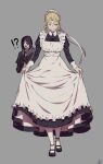  !? 1boy 1girl apron arizuka_(catacombe) black_gloves black_hair bloodborne blue_eyes capelet closed_mouth clothes_lift commentary_request dress frilled_apron frills gloves grey_background hair_over_one_eye highres holding holding_clothes juliet_sleeves long_hair long_skirt long_sleeves maid maid_apron maid_headdress open_mouth puffy_sleeves sidelocks skirt skirt_hold skirt_lift smile sweat victorian_maid white_legwear 