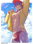  1boy abs bangs bare_pectorals baseball_cap blush border bright_pupils bulge cloud commentary_request cowboy_shot dark-skinned_male dark_skin day facial_hair from_below gen_3_pokemon hands_up hat jacket leon_(pokemon) long_hair long_sleeves looking_at_viewer male_focus male_swimwear mj_(11220318) nipples open_clothes open_jacket outdoors parted_lips pectorals pokemon pokemon_(creature) pokemon_(game) pokemon_swsh purple_hair red_headwear red_male_swimwear sky standing swim_briefs thighs toned toned_male twitter_username water wet white_border white_pupils wingull yellow_eyes yellow_jacket 