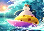  claws closed_mouth commentary_request fangs fangs_out gen_1_pokemon highres innertube no_humans ohdon outdoors pokemon pokemon_(creature) pokemon_(game) pokemon_unite sky smile snorlax snorlax_(beach) solo star-shaped_eyewear sun sunglasses surfing watermark waves 