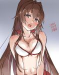  1girl bikini breasts brown_hair cleavage commentary_request dated grey_background kantai_collection large_breasts long_hair looking_at_viewer one-hour_drawing_challenge open_mouth ponytail red_hair red_sarong sarong signature solo swimsuit upper_body usami_(50-point_caliper) white_bikini yamato_(kancolle) 