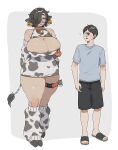  1boy 1girl ^^^ absurdres animal_ears animal_print areola_slip areolae arms_at_sides arms_behind_back artist_name barcode bare_shoulders bell black_footwear black_hair black_legwear blue_eyes blue_shirt blush border breasts cleavage collar commentary_request cow_ears cow_girl cow_print cow_tail cowbell dated detached_sleeves ear_tag full_body glasses grey_background hair_over_one_eye half-closed_eyes heart height_difference highres hooves horns huge_breasts leg_warmers looking_at_another medium_hair muroku_(aimichiyo0526) name_tag neck_bell no_eyes no_mouth no_nose original pocket pouch safety_pin sandals semi-rimless_eyewear shadow shirt short_hair short_sleeves shorts standing strapless sweat tail tareme thick_eyebrows thick_thighs thigh_strap thighs translation_request tubetop twitter_username under-rim_eyewear underbust white_background zipper zipper_pull_tab 