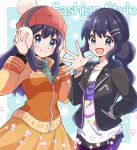  2girls :d aqua_background bangs beanie black_jacket blue_eyes blue_hair blush border dawn_(pokemon) dual_persona earmuffs english_text eyebrows_visible_through_hair green_sweater hand_in_pocket haru_(haruxxe) hat honchkrow_print jacket jewelry leggings long_hair looking_at_viewer multiple_girls necklace official_alternate_costume open_clothes open_jacket open_mouth orange_jacket orange_skirt outside_border pokemon pokemon_(game) pokemon_bdsp pom_pom_(clothes) purple_legwear red_headwear shirt sidelocks skirt smile star_(symbol) sweater t-shirt turtleneck turtleneck_sweater waving white_border white_shirt zipper zipper_pull_tab 