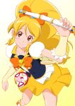  1girl black_vest blonde_hair blush boots bow closed_mouth cure_honey floating_hair fuchi_(nightmare) gradient gradient_background hair_bow happinesscharge_precure! head_tilt high_ponytail highres holding long_hair looking_at_viewer miniskirt oomori_yuuko orange_bow orange_neckwear precure shiny shiny_hair shiny_skin short_sleeves skirt smile solo standing very_long_hair vest white_background white_footwear yellow_background yellow_eyes yellow_skirt yellow_sleeves 