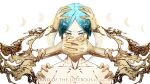  1other absurdres androgynous bangs colored_eyelashes copyright_name crying crying_with_eyes_open crystal_hair gold golden_arms green_eyes green_hair hands_on_another&#039;s_face highres houseki_no_kuni looking_at_viewer molten_metal parted_bangs phosphophyllite short_hair solo tears white_background yumehime 