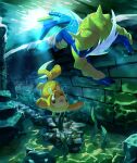  absurdres brown_eyes buizel commentary eye_contact gen_4_pokemon gen_5_pokemon highres likey looking_at_another no_humans open_mouth pokemon pokemon_(creature) samurott seaweed swimming underwater 