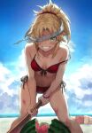  2girls bangs bare_shoulders bikini blindfold blindfold_slip blonde_hair blue_sky blush braid breasts collarbone fate/grand_order fate_(series) food french_braid fruit fujimaru_ritsuka_(female) green_eyes grin hair_ornament hair_scrunchie head_bump highres long_hair looking_at_viewer mordred_(fate) mordred_(swimsuit_rider)_(fate) multiple_girls parted_bangs ponytail red_bikini scrunchie sidelocks sky small_breasts smile solo_focus swimsuit tonee watermelon 