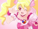  1girl ;d bent_over blonde_hair breasts choker cleavage collarbone cure_peach earrings eyebrows_visible_through_hair floating_hair fresh_precure! fuchi_(nightmare) hair_between_eyes hair_ornament hand_on_hip heart heart_earrings heart_hair_ornament index_finger_raised jewelry layered_skirt long_hair looking_at_viewer medium_breasts miniskirt momozono_love one_eye_closed open_mouth pink_background pink_shirt pink_skirt pleated_skirt precure red_choker red_eyes shiny shiny_hair shiny_skin shirt short_sleeves skirt smile solo twintails underbust very_long_hair white_skirt wrist_cuffs 