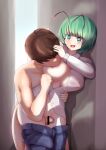  1boy 1girl adda antennae areolae bangs bar_censor blue_shorts blush breast_sucking breasts censored clothed_female_nude_male clothes_pull collared_shirt commentary_request covered_nipples eyebrows_visible_through_hair feet_out_of_frame green_eyes green_hair grinding hetero highres large_areolae large_breasts looking_at_another no_bra no_panties nude open_mouth penis pussy shirt short_hair shorts shorts_pull thigh_sex touhou white_shirt wriggle_nightbug 