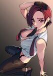  1girl absurdres bare_shoulders biting biting_clothes black_gloves breasts glove_in_mouth gloves hand_on_own_head highres kagematsuri kneeling looking_at_viewer midriff mouth_hold necktie red_eyes red_hair shirt shoes short_hair sleeveless sleeveless_shirt suspenders the_king_of_fighters unbuttoned unbuttoned_shirt untied vanessa_(kof) 