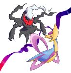  absurdres blue_eyes closed_mouth commentary cresselia darkrai english_commentary gen_4_pokemon highres legendary_pokemon likey looking_back mythical_pokemon no_humans pokemon pokemon_(creature) purple_eyes simple_background white_background 