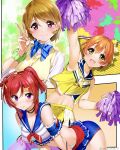  3girls :d arm_up armpits blue_neckwear bow bowtie breasts brown_hair cheerleader cleavage closed_mouth green_scrunchie hair_ornament hand_up highres hoshizora_rin koizumi_hanayo looking_at_viewer love_live! love_live!_school_idol_project medium_breasts midriff multiple_girls nakano_maru navel nishikino_maki open_mouth orange_hair pom_pom_(cheerleading) purple_eyes red_hair school_uniform scrunchie short_hair short_sleeves smile star_(symbol) star_hair_ornament twitter_username v wrist_scrunchie yellow_eyes 