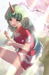  1girl aqua_hair bare_legs barefoot buttons cherry_blossoms cloud_print curly_hair feet_out_of_frame green_eyes heart highres horns kariyushi_shirt keikei_927 komano_aunn long_hair looking_at_viewer open_mouth paw_pose red_shirt shirt short_sleeves shorts single_horn touhou white_shorts 