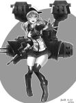  1girl anchor_hair_ornament attyon bangs boots breasts dated eyebrows_visible_through_hair full_body gloves greyscale hair_between_eyes hair_ornament hat highres holding kantai_collection large_breasts long_hair long_sleeves looking_at_viewer military military_uniform monochrome open_mouth peaked_cap pleated_skirt prinz_eugen_(kancolle) rigging signature simple_background skirt solo thighhighs uniform 