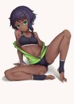  1girl absurdres alice_gear_aegis aomoro arm_support bangs bare_legs bare_shoulders barefoot black_shorts blush breasts closed_mouth collarbone commentary_request dark-skinned_female dark_skin eyebrows_visible_through_hair feet full_body green_eyes green_jacket highres jacket looking_at_viewer medium_breasts midriff navel off_shoulder open_clothes open_jacket shanti_rana short_hair_with_long_locks shorts simple_background sitting solo sports_bra spread_toes toenails toes white_background 