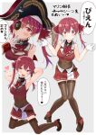  1girl absurdres bangs bare_shoulders blush dorianpanda eyebrows_visible_through_hair gloves hair_ribbon hat heterochromia highres hololive houshou_marine leotard looking_at_viewer navel open_mouth red_eyes red_hair ribbon skirt smile thighhighs translation_request twintails virtual_youtuber yellow_eyes 