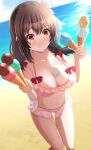  1girl bangs beach bikini black_hair blush bow braid breasts bunny1219 crown_braid eyebrows_visible_through_hair food frilled_bikini frills hair_bow hair_ornament highres ice_cream kono_subarashii_sekai_ni_shukufuku_wo! large_breasts long_hair outdoors red_eyes ribbon sand solo swimsuit water yunyun_(konosuba) 