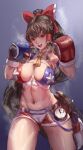  1girl absurdres adapted_costume bangs blue_background blush bow boxing_gloves boxing_shorts breasts brown_eyes brown_hair cameltoe commentary_request cookie_(touhou) cowboy_shot d_tomoki dungeon_and_fighter fighter_(dungeon_and_fighter) fighting_stance hair_bow hakurei_reimu highres kanna_(cookie) large_breasts long_hair looking_at_viewer midriff navel necktie open_mouth ponytail red_bow red_shorts shorts solo star_(symbol) touhou very_long_hair yellow_neckwear 