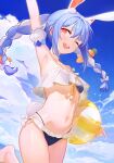  1girl ;d animal_ears arm_up armpits ball bikini blue_bikini blue_hair blue_sky bow braid breasts carrot_hair_ornament cloud commentary food-themed_hair_ornament gawain_(artist) hair_bow hair_ornament highres holding holding_ball hololive long_hair looking_at_viewer multicolored_hair navel one_eye_closed open_mouth rabbit_ears red_eyes sky small_breasts smile solo swimsuit twin_braids two-tone_hair usada_pekora virtual_youtuber white_bow white_hair 