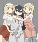 3girls annoyed apron bangs black_hair blonde_hair blouse blue_eyes blush closed_mouth commentary_request denim drawstring egg eyebrows_visible_through_hair feet_out_of_frame food food_on_head girl_sandwich glasses grey_background grey_hoodie hair_between_eyes hand_on_another&#039;s_arm hand_on_another&#039;s_hand highres hood hood_down hoodie hug jeans long_hair long_sleeves looking_at_viewer multiple_girls mushroom no_pupils object_on_head open_mouth orange_eyes oversized_clothes pants pink_apron ponytail puffy_short_sleeves puffy_sleeves red_skirt sandwiched semi-rimless_eyewear shimeji_simulation shirt short_hair short_sleeves simple_background sitting skirt sleeves_past_wrists smile sweatdrop tsukushima_shijima under-rim_eyewear v-shaped_eyebrows white_blouse white_shirt yamashita_majime yamashita_majime&#039;s_mother yoyohachi 