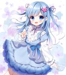  1girl :d bangs blue_bow blue_dress blue_eyes blue_hair blush bow butterfly_hair_ornament commentary_request dress eyebrows_visible_through_hair feet_out_of_frame floral_background gradient_hair hair_ornament hair_ribbon indie_virtual_youtuber long_hair long_sleeves looking_at_viewer mauve multicolored_hair open_mouth puffy_long_sleeves puffy_sleeves purple_hair purple_ribbon ribbon rurino_nemo smile solo two_side_up very_long_hair virtual_youtuber white_background white_wings wings 