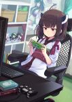  1girl ahoge bangs book bookshelf brown_hair chair character_doll commentary controller desk game_controller handheld_game_console headgear hibi_tsuna highres indoors japanese_clothes keyboard_(computer) kimono medium_hair monitor obi office_chair picnic_basket playing_games pleated_skirt poster_(object) red_eyes sash sitting skirt solo touhoku_itako touhoku_kiritan touhoku_zunko voiceroid white_kimono 