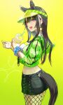  1girl :d animal_ears ass bad_id bad_twitter_id bangs black_hair black_shorts breasts character_request cowboy_shot cup drinking_straw drop_earrings earrings fishnet_legwear fishnets from_side gradient gradient_background green_nails hair_between_eyes highres holding holding_cup horse_ears horse_tail jewelry large_breasts long_hair looking_at_viewer midriff nail_polish open_mouth original pink_eyes pocket scrunchie shorts simple_background smile solo syuri22 tail visor_cap wrist_scrunchie yellow_background 