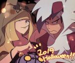  1boy 1girl 2019 alternate_costume black_hair blonde_hair blush bright_pupils chandelure closed_mouth commentary eyelashes frown gen_5_pokemon gen_7_pokemon green_eyes guzma_(pokemon) halloween hood hood_up long_hair lusamine_(pokemon) lycanroc mimikyu multicolored_hair number parted_lips pokemon pokemon_(game) pokemon_sm signature smile ssalbulre streaked_hair sweatdrop team_skull themed_object two-tone_hair white_hair white_pupils 