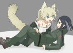  2girls :3 animal_ears black_eyes black_hair blonde_hair blue_eyes blush boots bra brown_footwear chito_(shoujo_shuumatsu_ryokou) collarbone commentary_request dog_ears dog_girl dog_tail eye_contact eyebrows_visible_through_hair green_jacket green_pants grey_background hand_on_another&#039;s_leg jacket kemonomimi_mode long_hair long_sleeves looking_at_another military military_uniform multiple_girls no_pupils off_shoulder open_mouth pants partially_undressed ponytail profile rabbit_ears reclining shoujo_shuumatsu_ryokou sweatdrop tail translation_request underwear uniform white_bra yoyohachi yuri yuuri_(shoujo_shuumatsu_ryokou) 