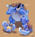  absurdres blastoise claws closed_mouth commentary english_commentary fang fang_out gen_1_pokemon highres likey looking_at_viewer lying no_humans number on_back pokedex_number pokemon pokemon_(creature) smile squirtle standing wartortle 
