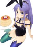  1girl absurdres animal_ears asymmetrical_legwear black_leotard blue_eyes blue_hair detached_collar eyebrows_visible_through_hair fake_animal_ears fate/grand_order fate_(series) food highres holding holding_plate leotard long_hair looking_at_viewer medea_(lily)_(fate) mismatched_legwear nanao_(aoyamahikari) necktie pancake plate playboy_bunny pointy_ears ponytail rabbit_ears seiza sitting solo strapless strapless_leotard white_background 