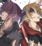  2boys arm_up blonde_hair chain_necklace glasses grey_eyes hakua_shou headband highres ina1 male_focus mirokuji_yuuya multiple_boys nunchaku purple_hair re:creators short_hair simple_background smile tan weapon 