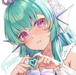  1girl bangs blush character_name collarbone crown eyebrows_visible_through_hair finana_ryugu flower frilled_sailor_collar frills green_hair hair_flower hair_ornament head_fins heart heart_hands neck_tattoo nijisanji nijisanji_en purple_eyes purple_flower sailor_collar saruei seashell shell solo tattoo virtual_youtuber white_background wrist_cuffs 