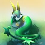  absurdres closed_mouth commentary full_body gen_5_pokemon grass highres likey looking_at_viewer no_humans pokemon pokemon_(creature) red_eyes serperior signature snake solo 