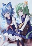 2girls alternate_costume animal_ear_fluff animal_ears bag black_legwear blue_eyes blue_hair blue_skirt bow brown_bag cat_ears cat_girl cat_tail cirno commission daiyousei green_eyes green_hair grey_background hair_bow happiness_lilys highres kemonomimi_mode looking_at_viewer multiple_girls open_mouth pleated_skirt red_neckwear school_uniform second-party_source short_hair simple_background skirt socks tail touhou yellow_bow yellow_neckwear 