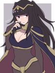  1girl bangs black_cape black_eyes black_hair black_nails blunt_bangs blush bodystocking bracelet breasts bridal_gauntlets cape cleavage covered_navel do_m_kaeru eyebrows_visible_through_hair fingernails fire_emblem fire_emblem_awakening gold_trim hair_ornament jewelry large_breasts long_hair looking_at_viewer multicolored multicolored_cape multicolored_clothes nail_polish parted_lips pelvic_curtain red_cape sidelocks skin_tight solo tharja_(fire_emblem) tiara twitter_username two_side_up 