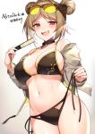  1girl bare_shoulders bikini blush breasts choker commission cowboy_shot double_bun eyebrows_visible_through_hair eyewear_on_head girls&#039;_frontline kinsenka_momi large_breasts light_brown_hair long_sleeves looking_at_viewer naughty_face navel open_mouth p90_(girls&#039;_frontline) red_eyes side-tie_bikini simple_background skeb_commission solo sunglasses swimsuit teeth tongue white_background 