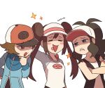  1boy 2girls baseball_cap black_shirt black_vest blue_jacket blush_stickers bow brown_eyes brown_hair chin_stroking commentary crossed_arms double_bun hat high_ponytail hilbert_(pokemon) hilda_(pokemon) jacket korean_text long_hair long_sleeves multiple_girls open_mouth pink_bow poke_ball_print pokemon pokemon_(game) pokemon_bw pokemon_bw2 red_headwear rosa_(pokemon) shirt short_hair sidelocks sleeveless sleeveless_shirt sparkle ssalbulre tank_top tehepero tongue tongue_out twintails vest visor_cap white_shirt 