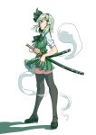  1girl absurdres black_legwear blue_eyes blunt_ends bow breasts cherry_blossom_print dress floral_print full_body green_bow green_dress grey_hair hair_ornament hairpin hand_on_handle highres katana konpaku_youmu konpaku_youmu_(ghost) looking_up mary_janes medium_hair sheath sheathed shoes simple_background small_breasts solo spread_fingers stank sword thighhighs touhou wakizashi weapon white_background 